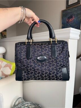 Celine Navy Vintage Monogram Canvas Boston Bag Satchel with Leather Trim